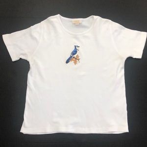 White T-shirt with embroidered blue jay size small